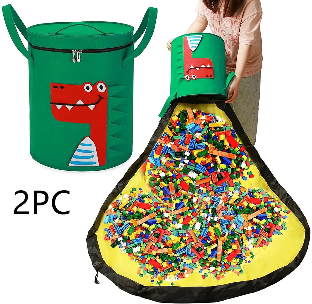 Green felt cube storage bag with pull rope, unfolded flat as a large rectangular play mat.