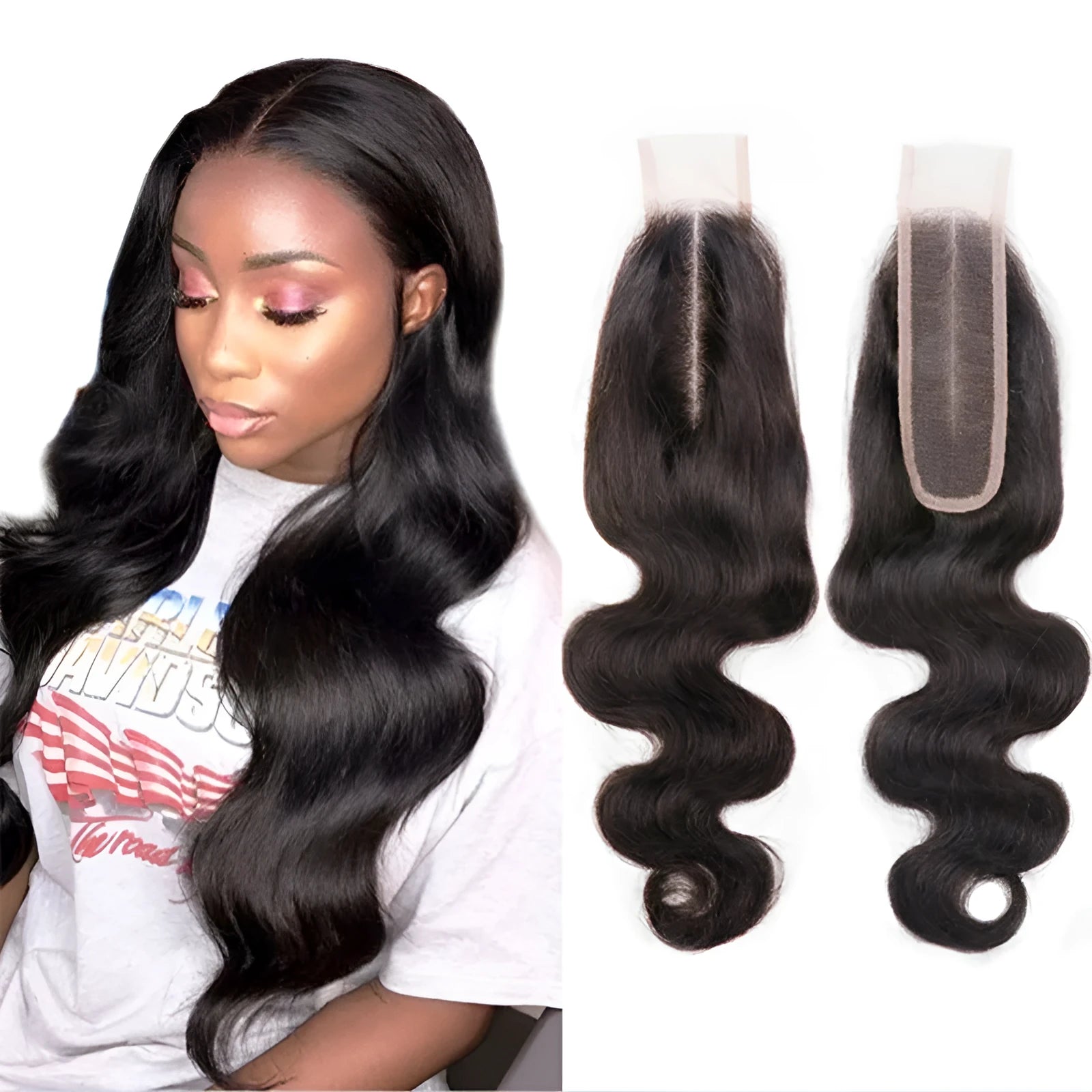 A straight, natural-coloured human hair wig for women on a stand, showing its length and hand-woven construction.