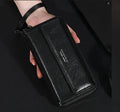 Men's black PU leather bi-fold wallet showing multiple card slots and compact 19cm design