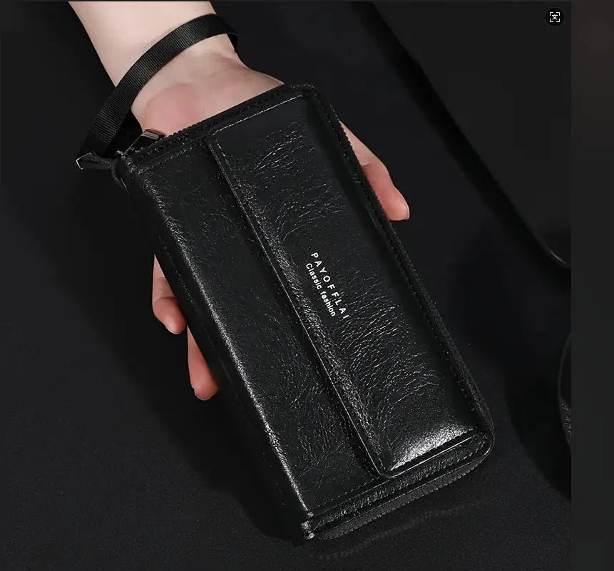 Men's black PU leather bi-fold wallet showing multiple card slots and compact 19cm design