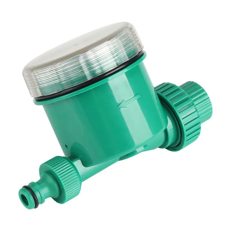 Automatic watering timer in green for drip irrigation with dial interface and brass connectors
