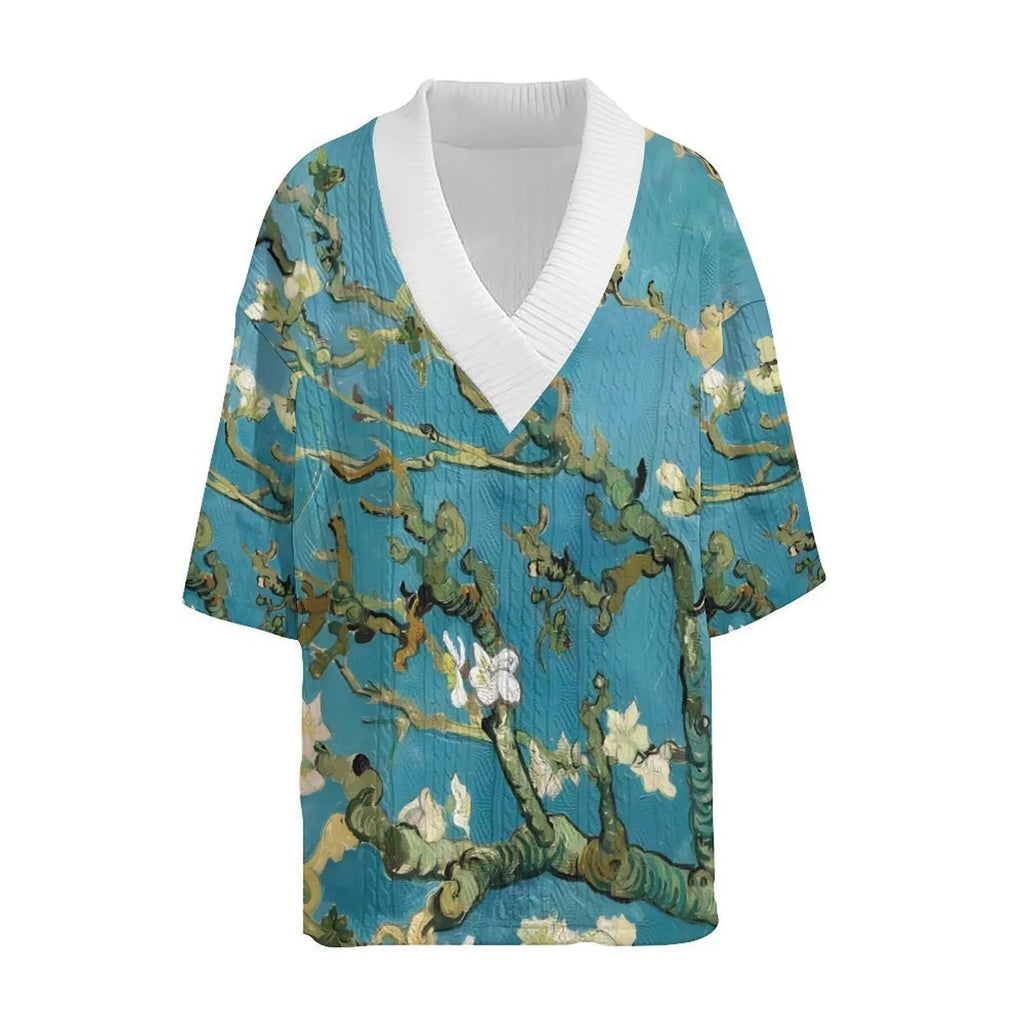 Men's peacock blue 3D printed knitted shorts suit with matching t-shirt, laid flat.