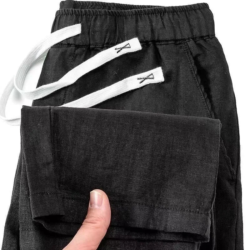 Pure linen Chinese style straight leg trousers with elastic drawstring waist in various colours.