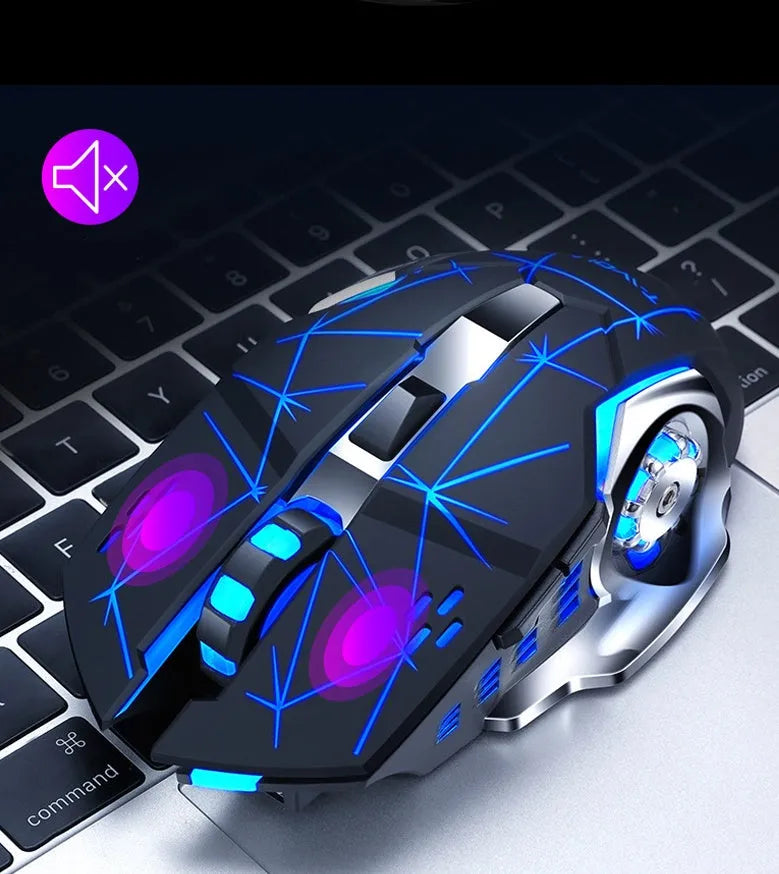 Black and white wireless mouse with USB charging cable and six buttons