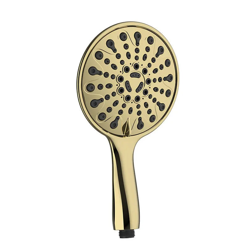 Chrome-finished six-function handheld shower head with ABS plastic housing