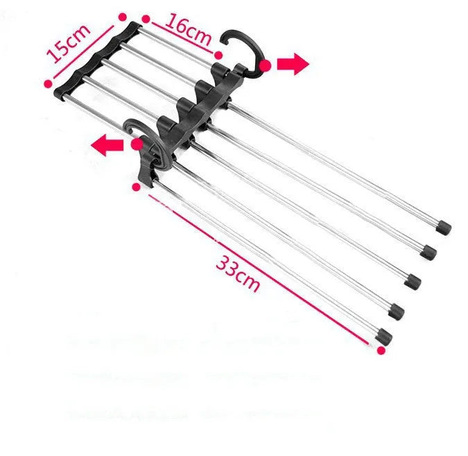 5-in-1 stainless steel trouser hanger, black, 47x18cm, with five booms and two hooks at each end