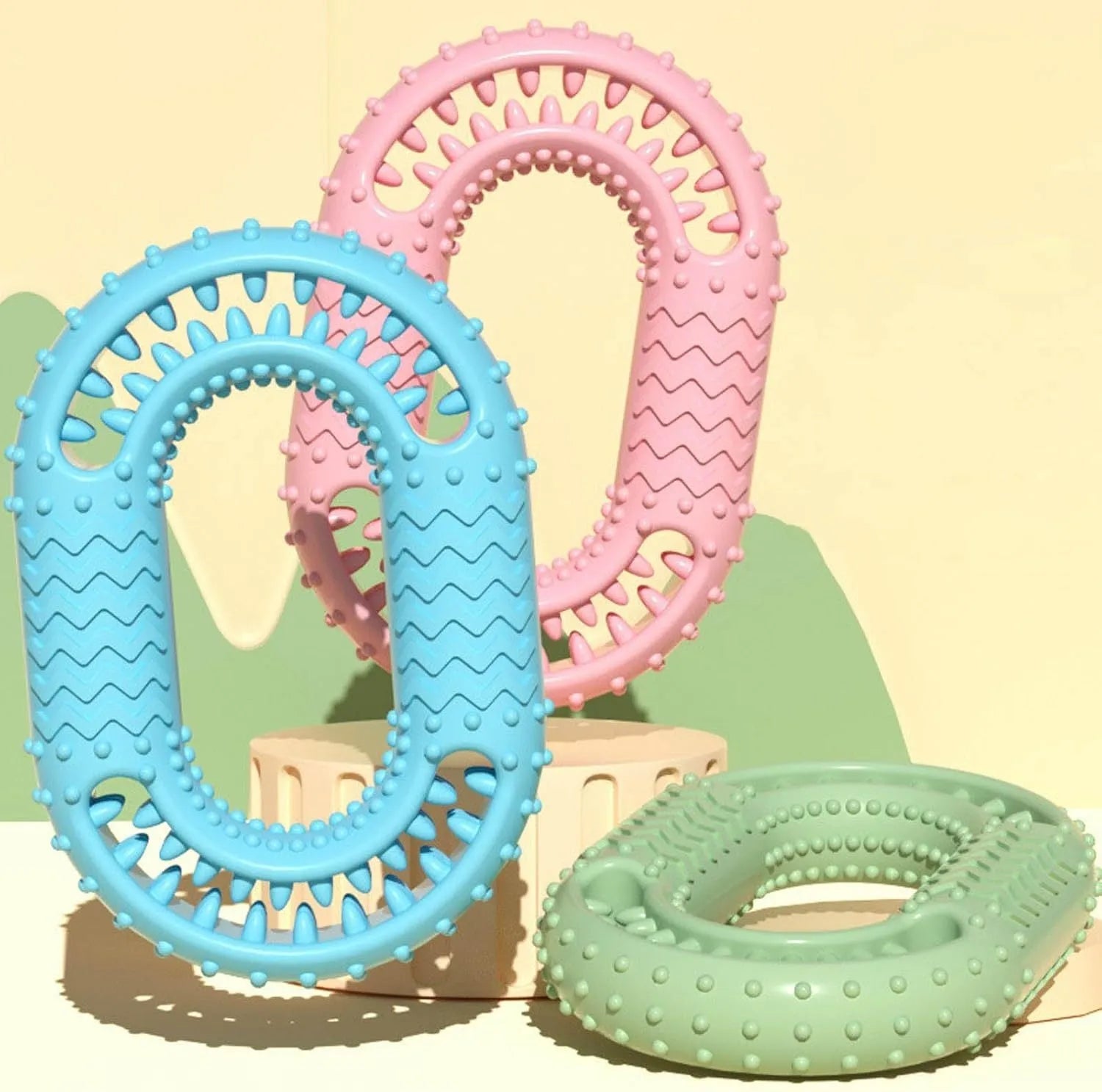 Blue O-ring shaped dog chew toy for aggressive chewers on white background