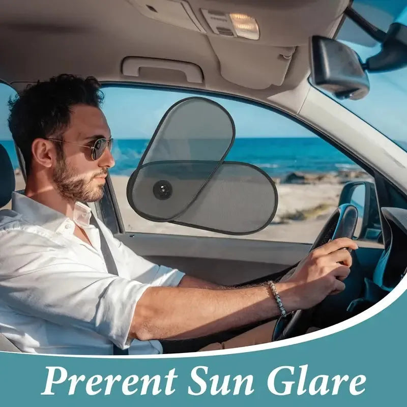 Black stretchy car window shade for baby with suction cups attached to a car side window