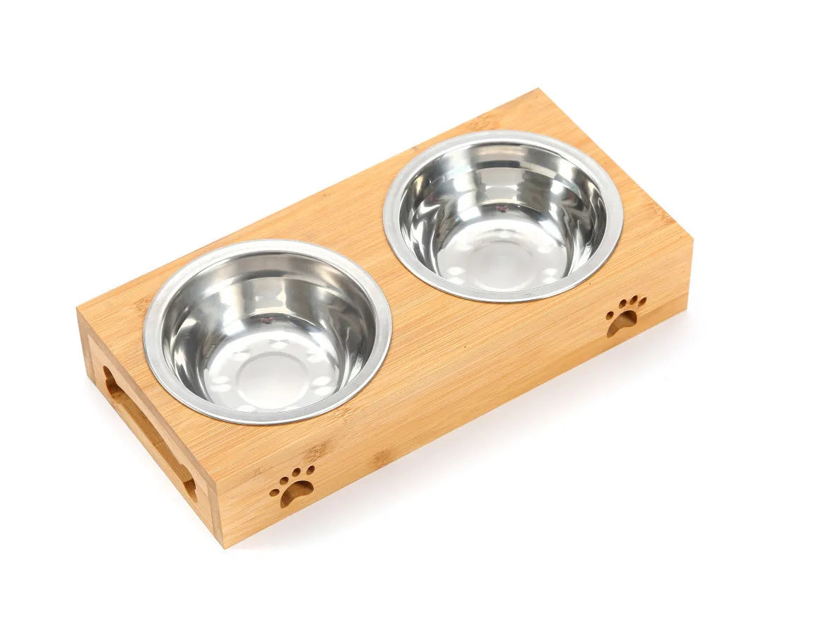 Solid wood pet dining table with stainless steel bowls, bamboo finish, raised feeder for cats and dogs