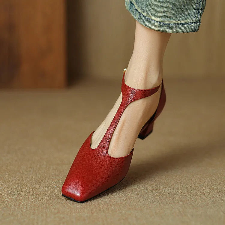 Women's French retro square toe chunky heel shoes in red sheepskin leather with buckle fastening
