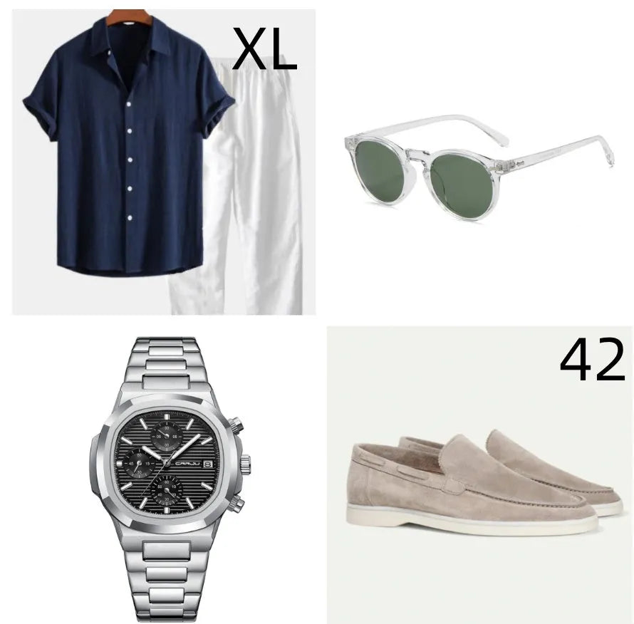 Casual loose-fit cotton linen short sleeve suit in navy blue, shown with included accessories.