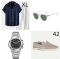Casual loose-fit cotton linen short sleeve suit in navy blue, shown with included accessories.