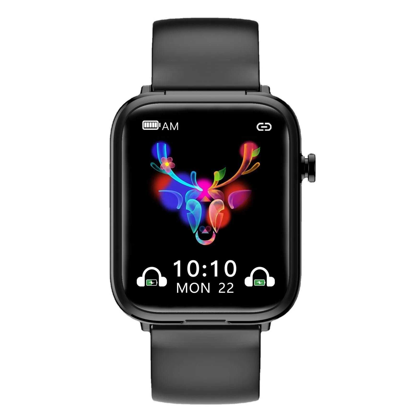 Black zinc alloy smartwatch with 1.69-inch touchscreen next to its magnetic charging case for TWS earbuds.