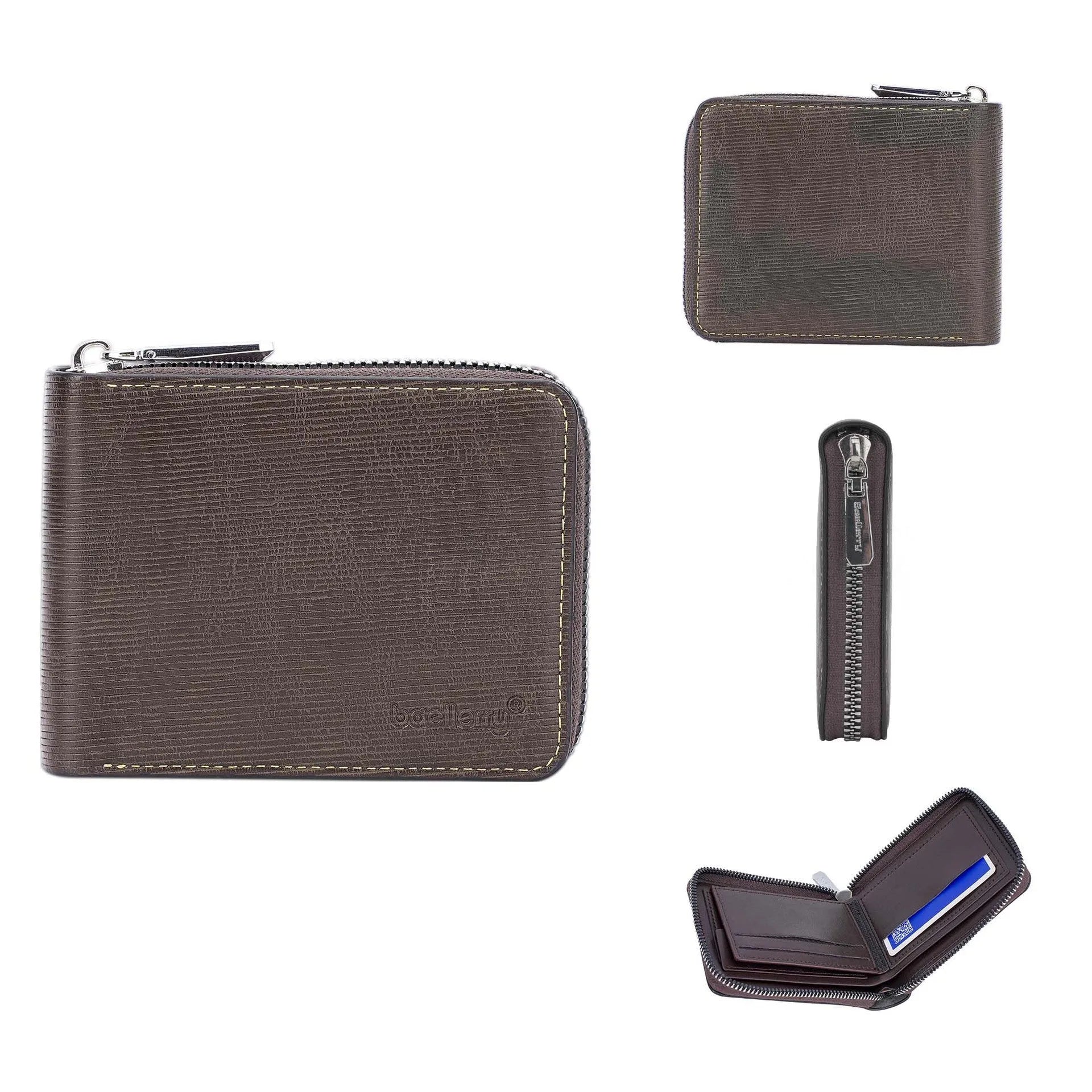 Leather anti-theft credit card zipper wallet in black embossed PU with full zip closure