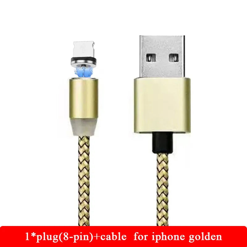 YBD 1 metre magnetic charging cable with cotton woven sheath and LED light, showing Lightning, Micro USB, and Type-C connectors.