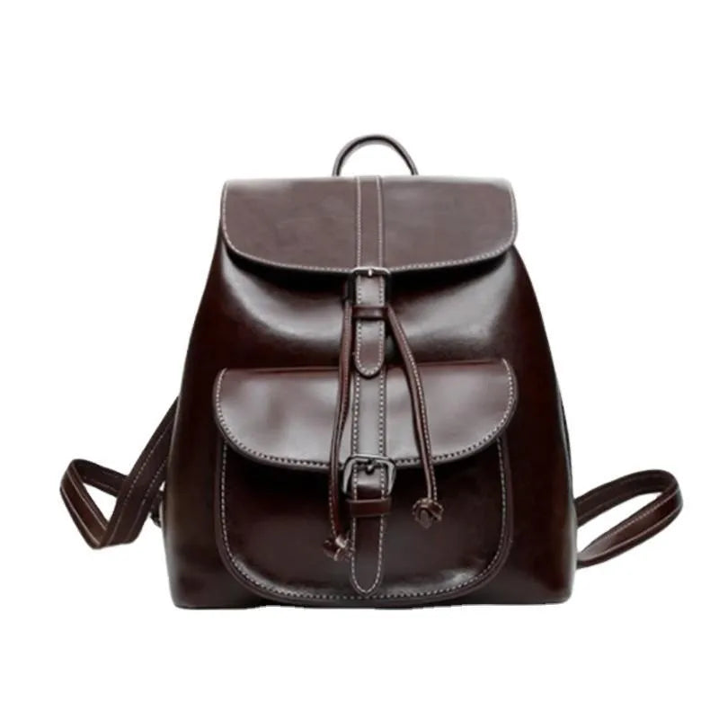 Genuine cowhide leather backpack with pull-belt pocket in black, 28x30x12cm, street style