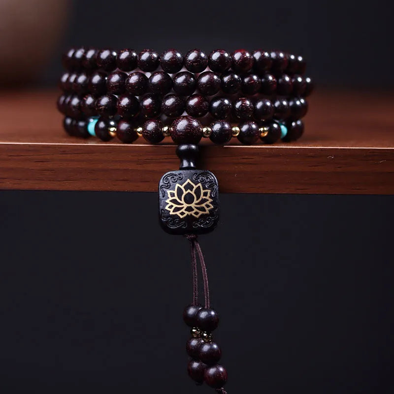 Zambia Rosewood 108 bead bracelet with flat lotus pendant and grinding finish