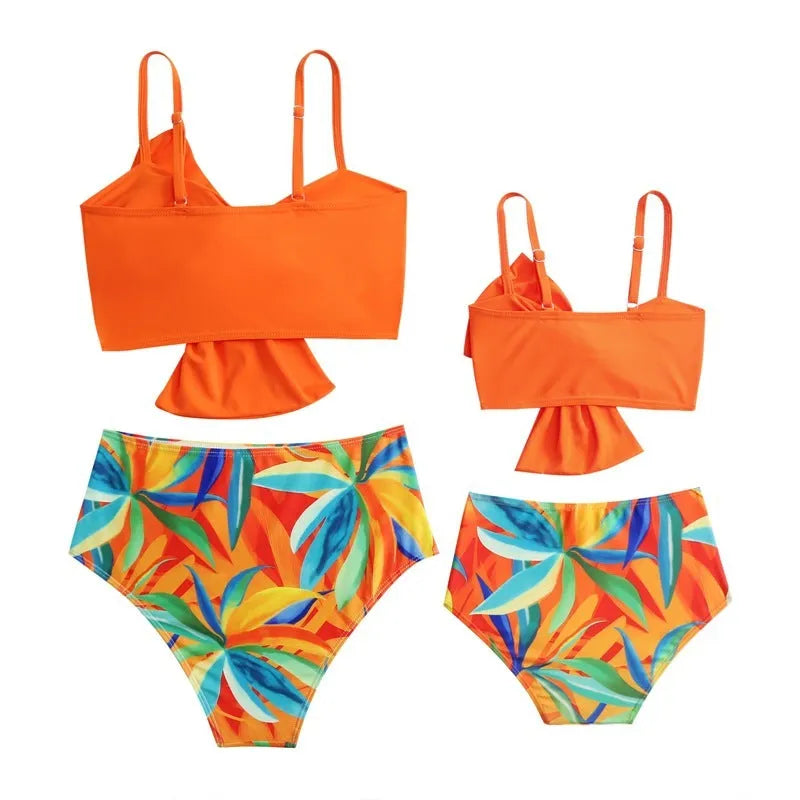 Women's big bow bikini print swim trunks set in nylon with orange colour option