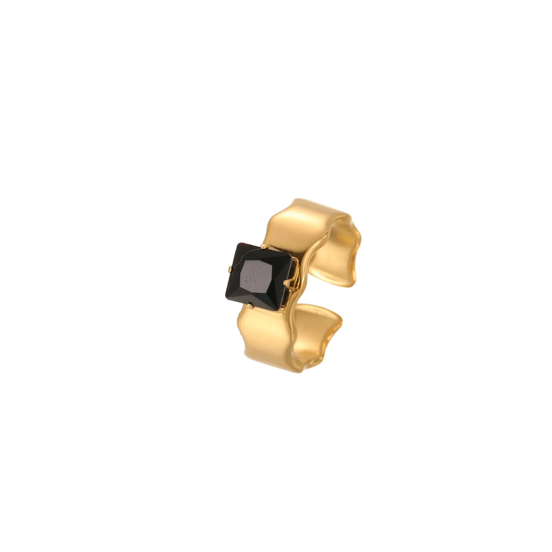Adjustable open mouth ring with geometric design and zircon stones on stainless steel band