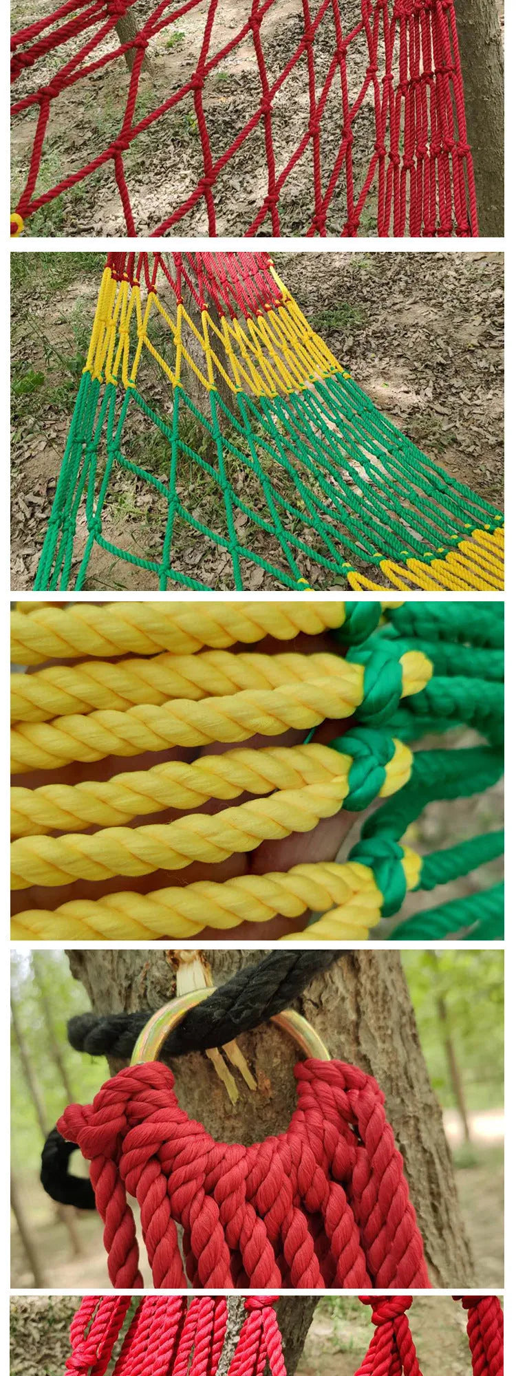 Nylon rope mesh hammock shown outdoors with dimensions 1.1m wide by 2.1m long