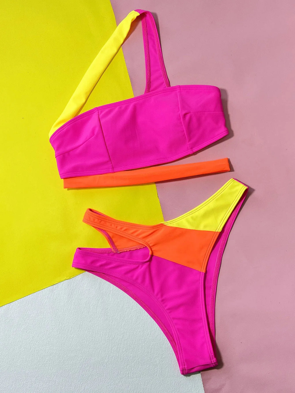 Rose Red solid colour contrast split bikini swimsuit set with bra and briefs panties for women swimming and wading