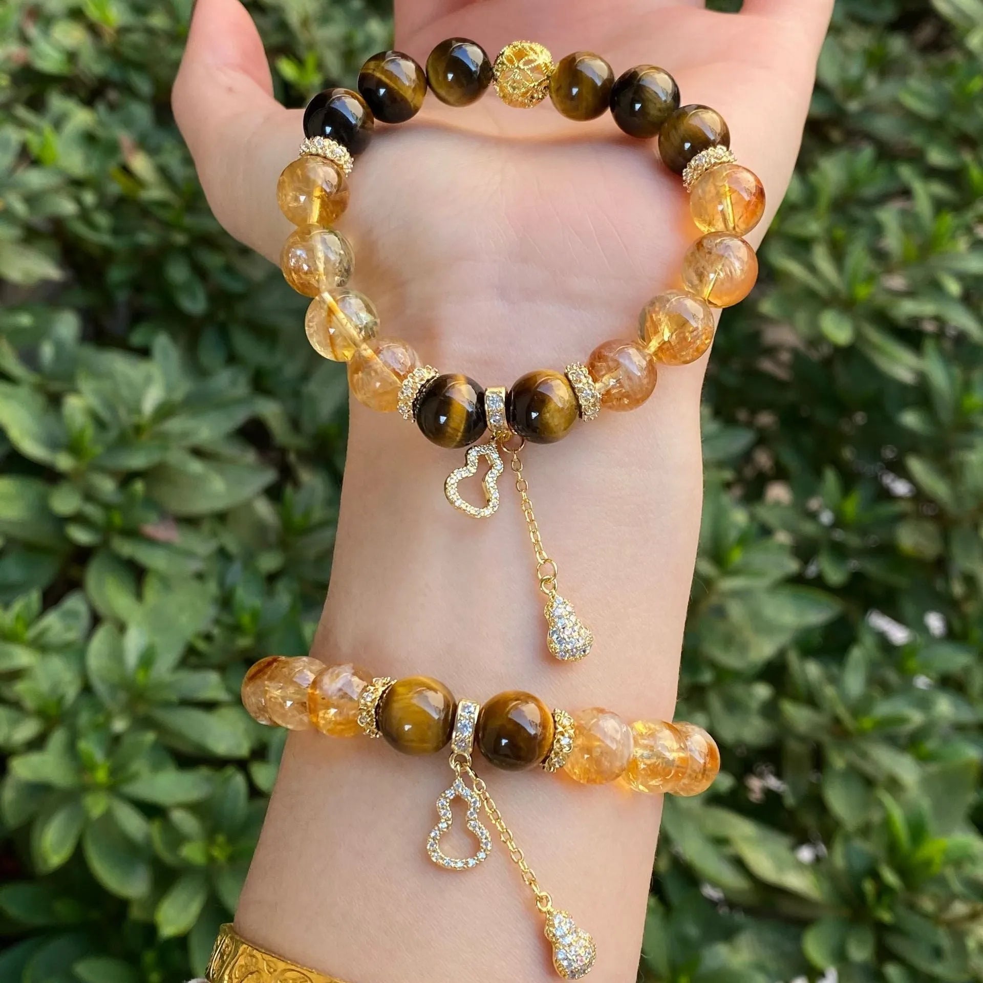 Handmade unisex crystal bracelet with topaz beads and diamond-encrusted gourd centrepiece, 10mm size options