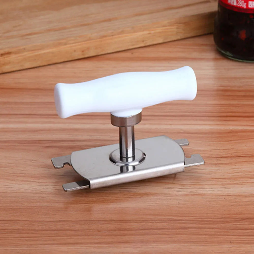White stainless steel adjustable bottle opener with gear mechanism and PP anti-skid handle on a surface