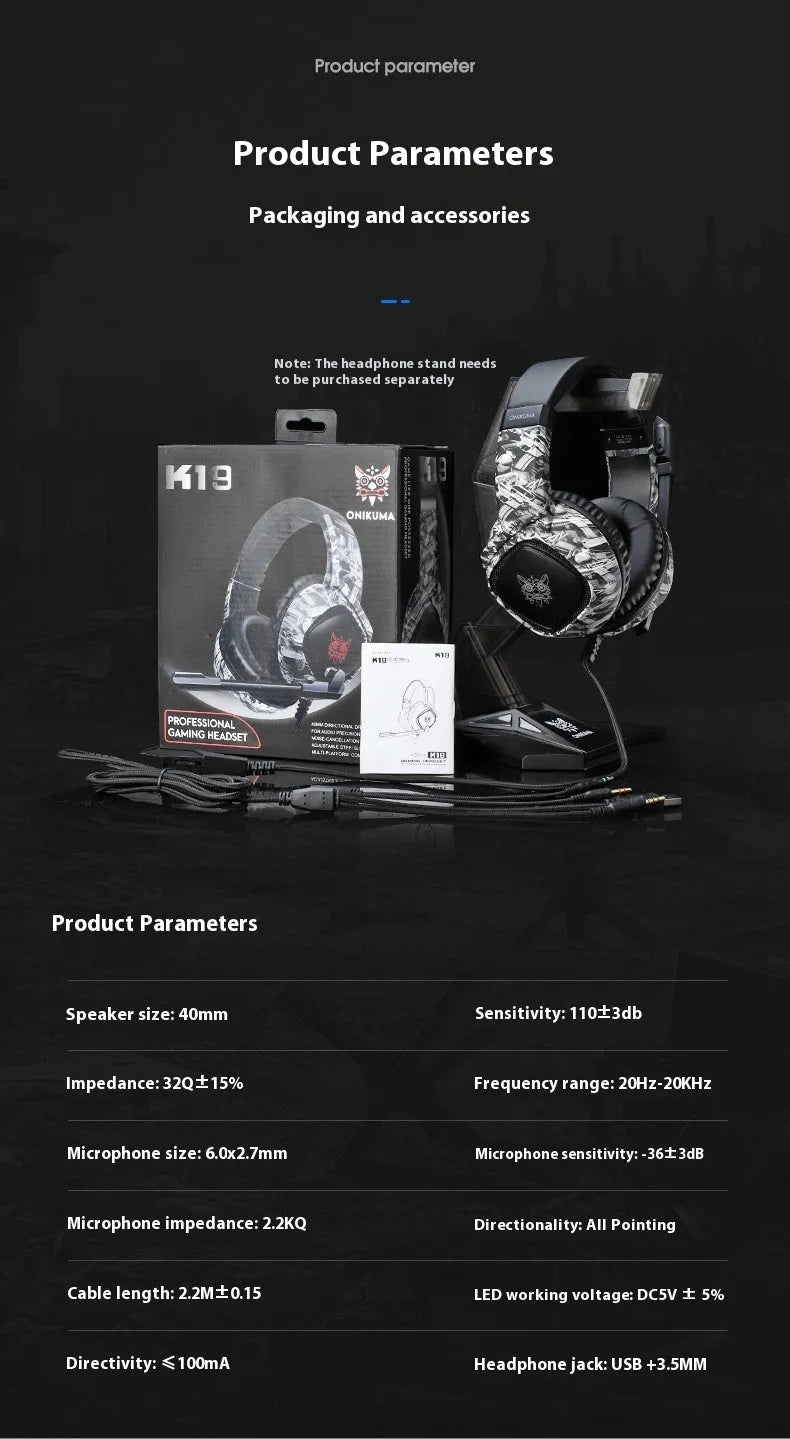 Camouflage grey wired RGB gaming headset with head-mounted design and 2.2 metre braided cable