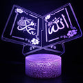 3D small night lamp with touch and remote control showing colourful LED illumination on a bedside table