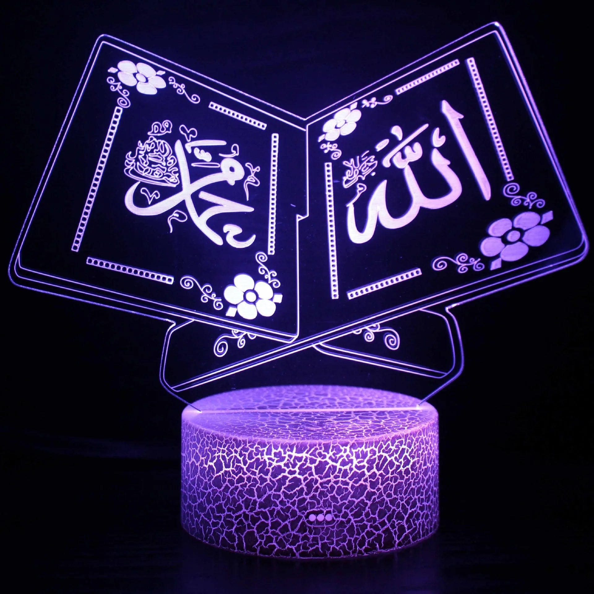 3D small night lamp with touch and remote control showing colourful LED illumination on a bedside table