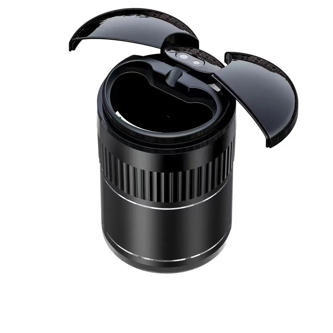 Automatic metal car ashtray with lid showing black, green, red, and silver colour options.