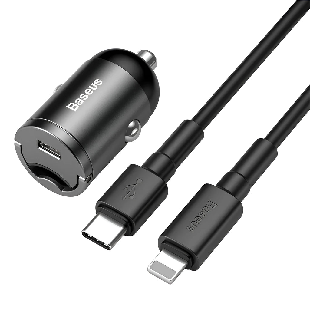 Electro-optical grey Baseus 30W PPS single USB car charger with a 1 metre cable.