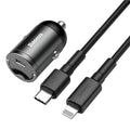 Electro-optical grey Baseus 30W PPS single USB car charger with a 1 metre cable.
