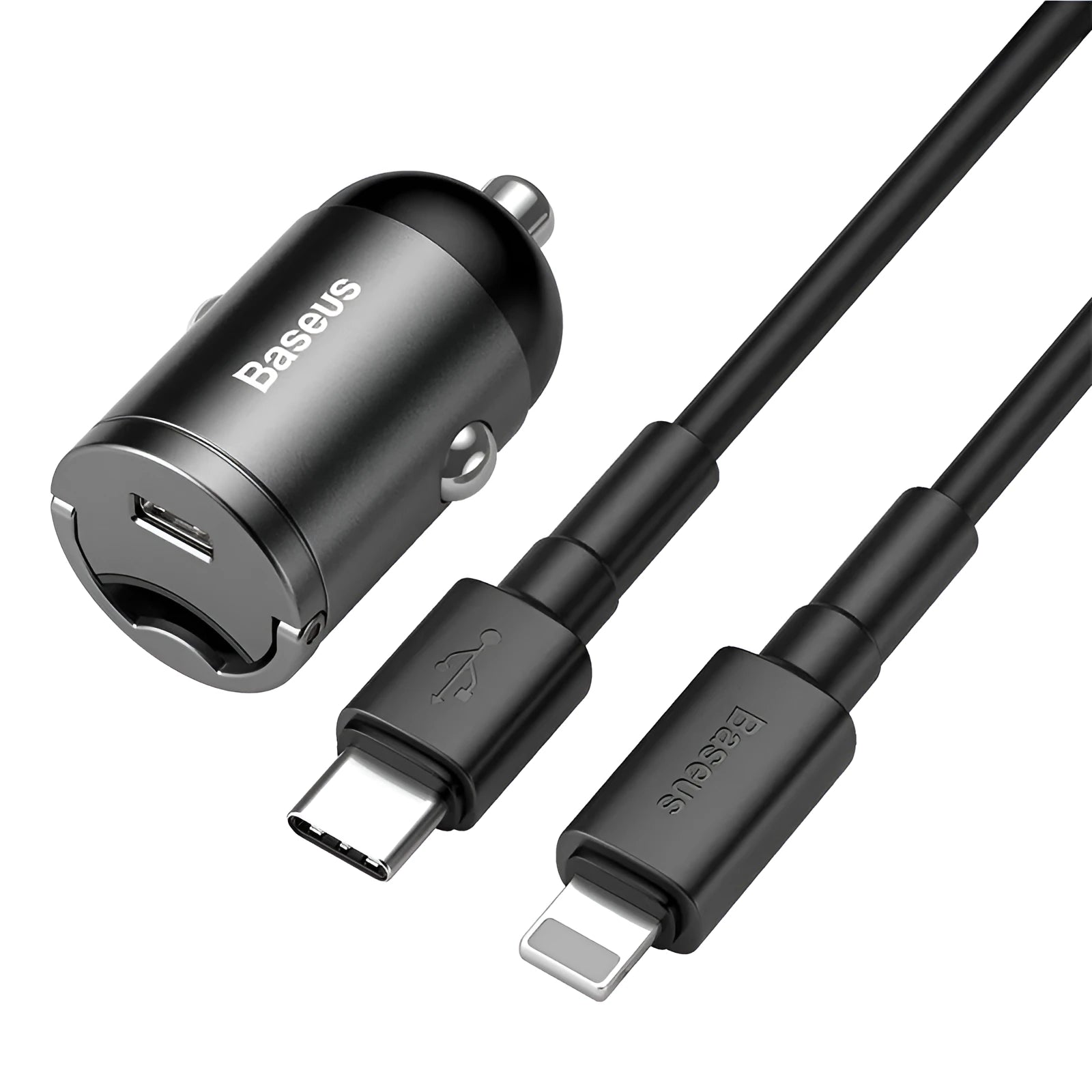 Electro-optical grey Baseus 30W PPS single USB car charger with a 1 metre cable.