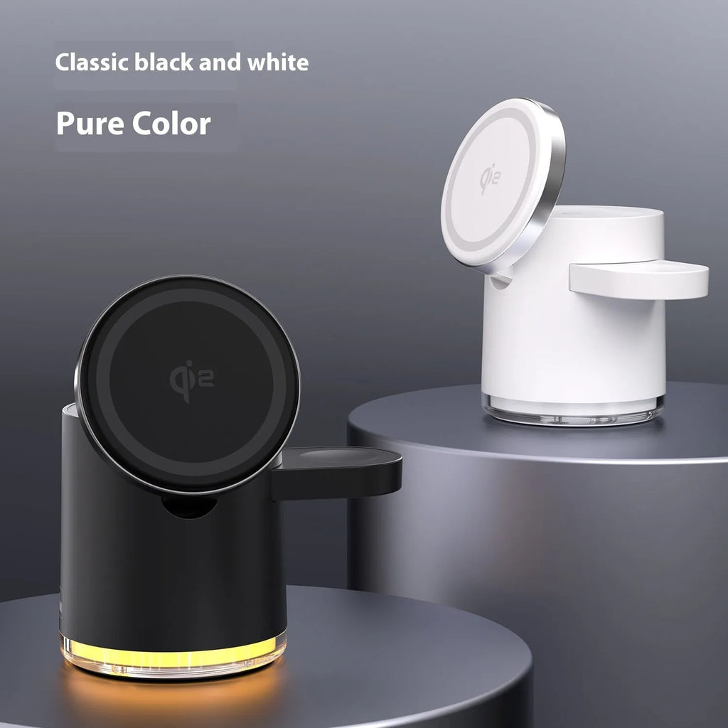 C16 magnetic three-in-one wireless folding charger in black or ivory white colour charging phone, watch and earphones