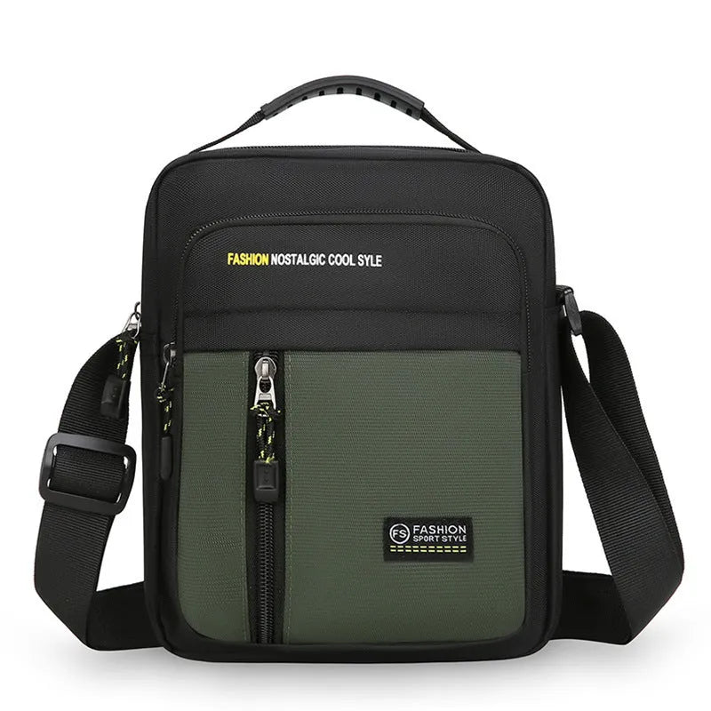 Men's casual nylon messenger bag in green colour with shoulder strap