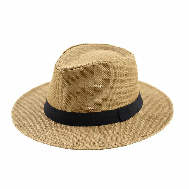 Men's paper straw wide brim top hat with flat crown and 58cm circumference in khaki