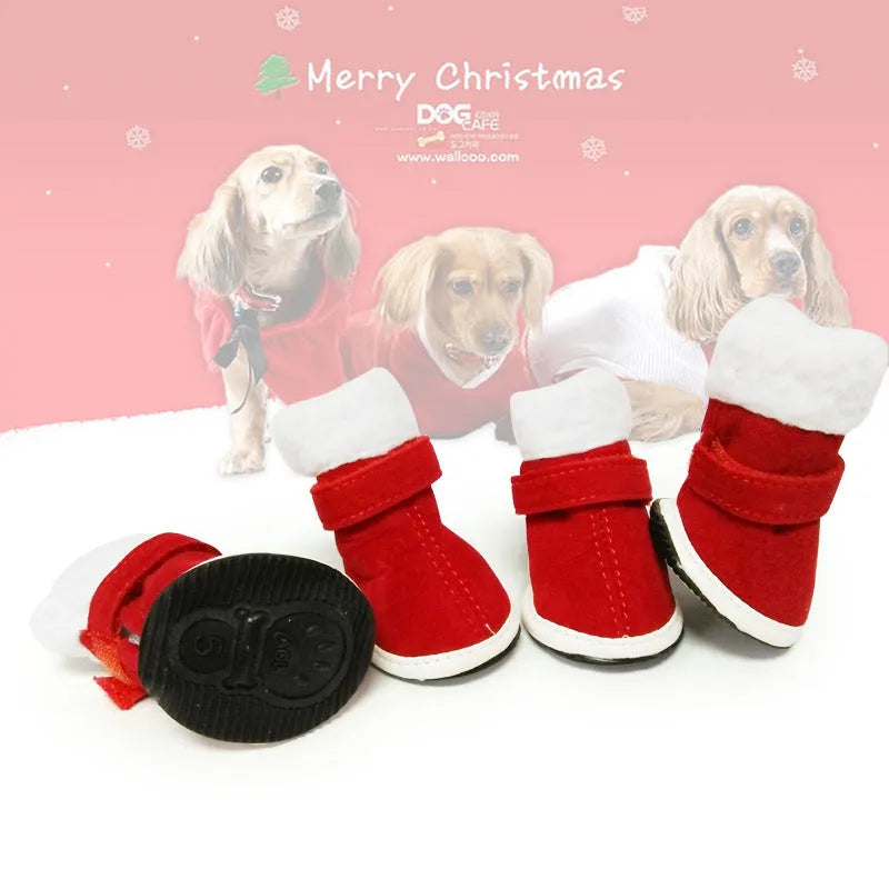 Red plush pet Christmas shoes for small dogs with non-slip rubber sole and Velcro ankle strap
