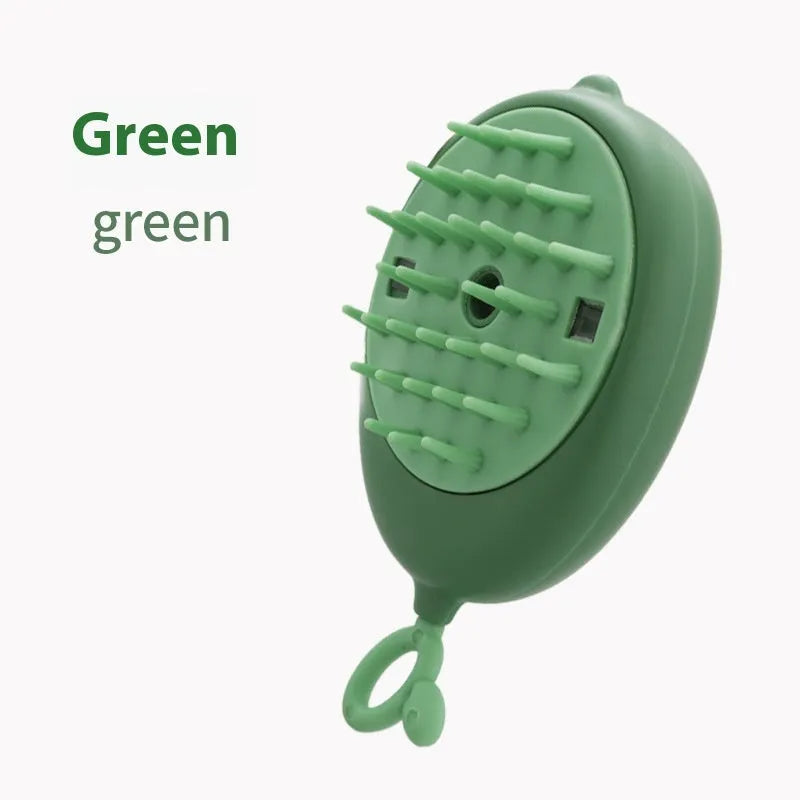 Handheld pet grooming spray brush with massage comb head in avocado green colour.