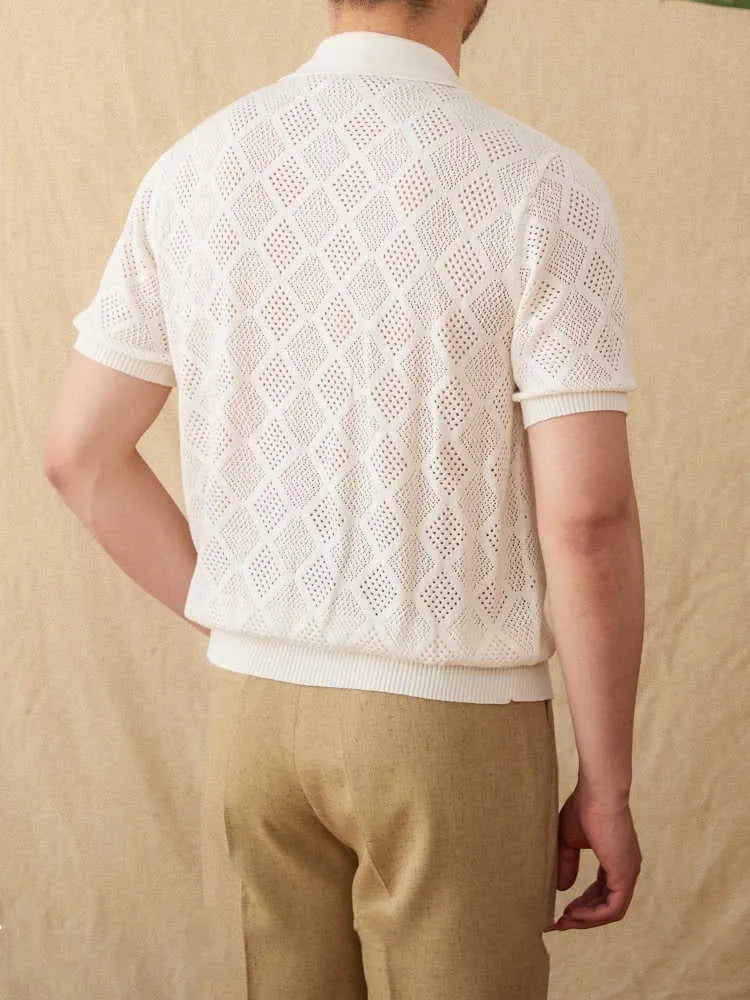 Light brown cotton short sleeve cardigan with lapel collar and zip front closure