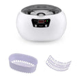 White blue ultrasonic cleaning machine for home use, 20.6cm x 15.2cm x 13.2cm, with digital control panel on a kitchen counter