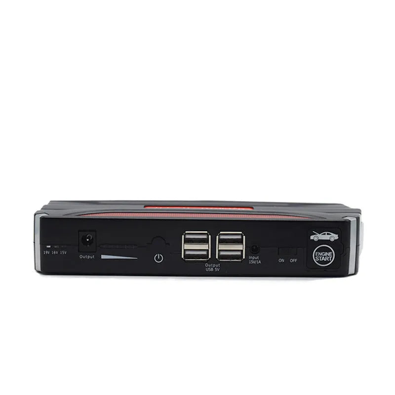 Black and red 12V vehicle emergency jump starter with 7800mAh battery capacity.