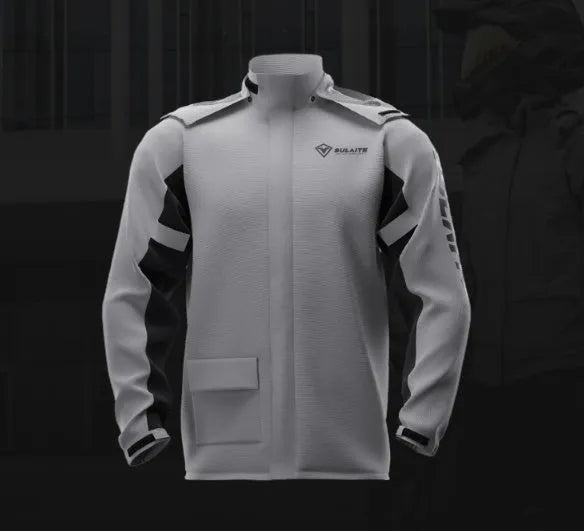 Motorcycle rain suit set comprising a raincoat, rainpants, hidden shoe covers, and a storage bag laid out flat.