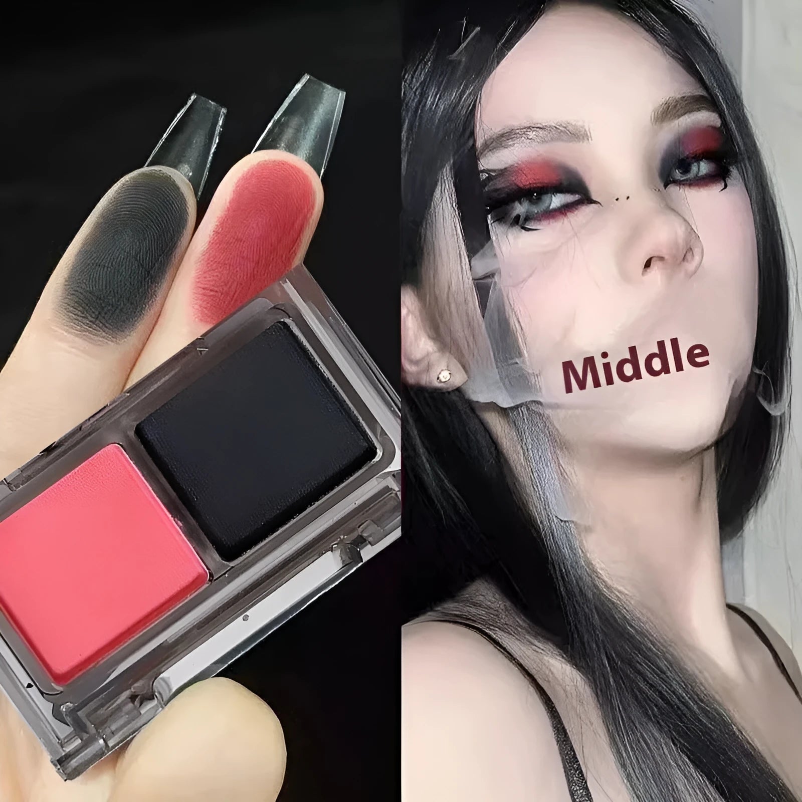 Two-tone eyeshadow plate showing five colour combinations including pink, brown, blue and black matte shimmer shades