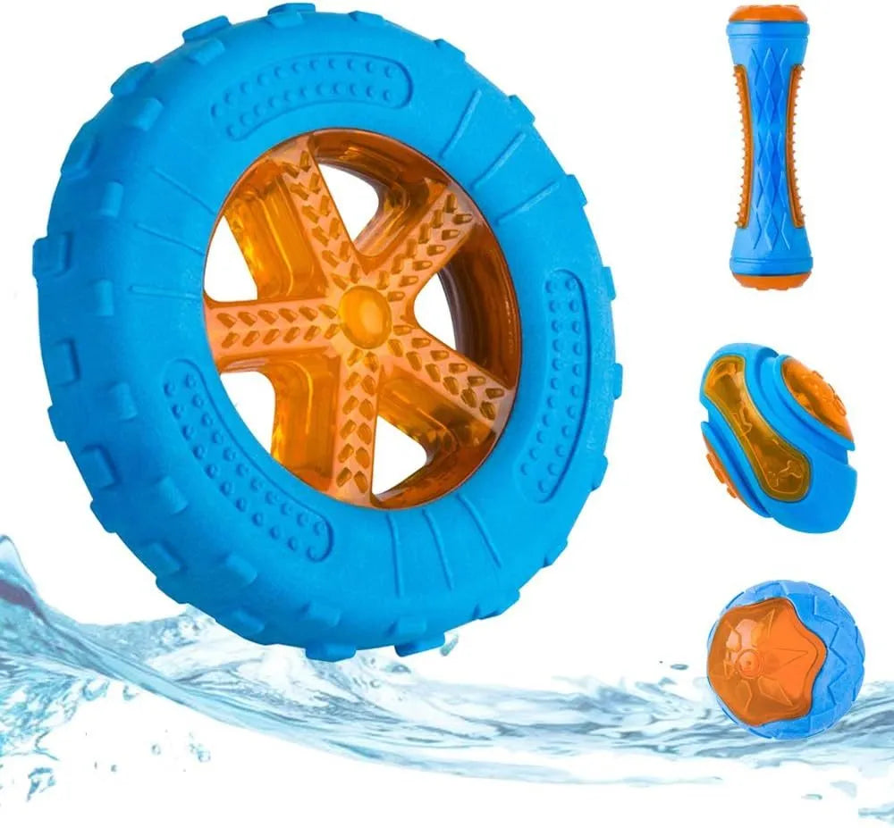 Set of three TPR dog toys: a spiked ball, a barbell, and a tire, shown as floating squeaky toys for water fetch.