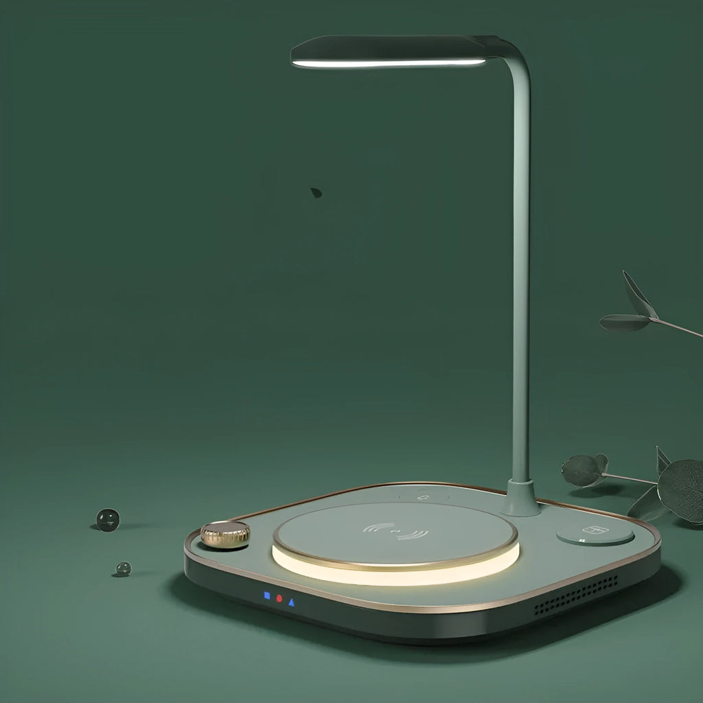 Three-in-one wireless magnetic charger with desk lamp showing 15W fast charging and three-device capability