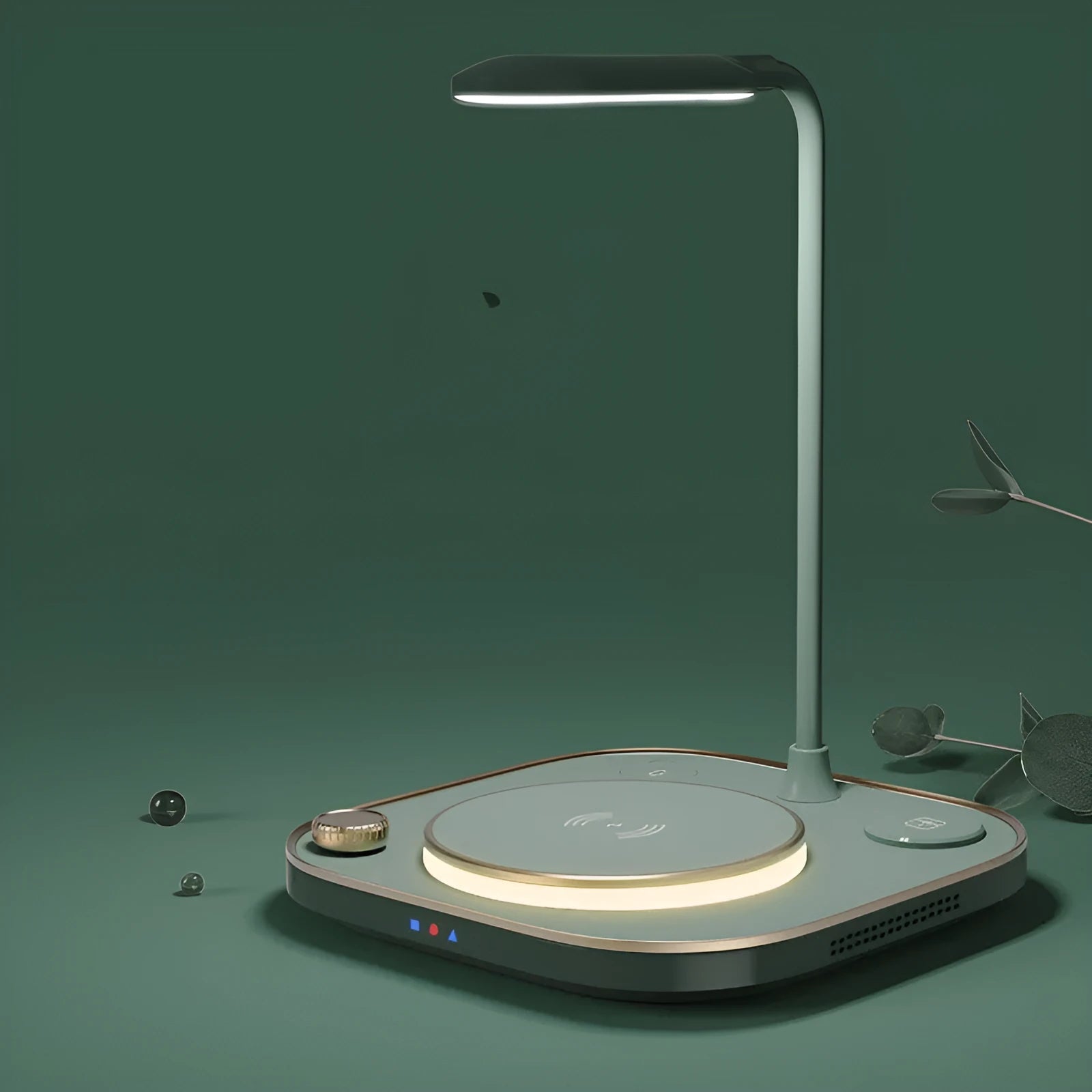 Alpharan three-in-one wireless magnetic charger desk lamp with 15W fast charging in black finish on a desk