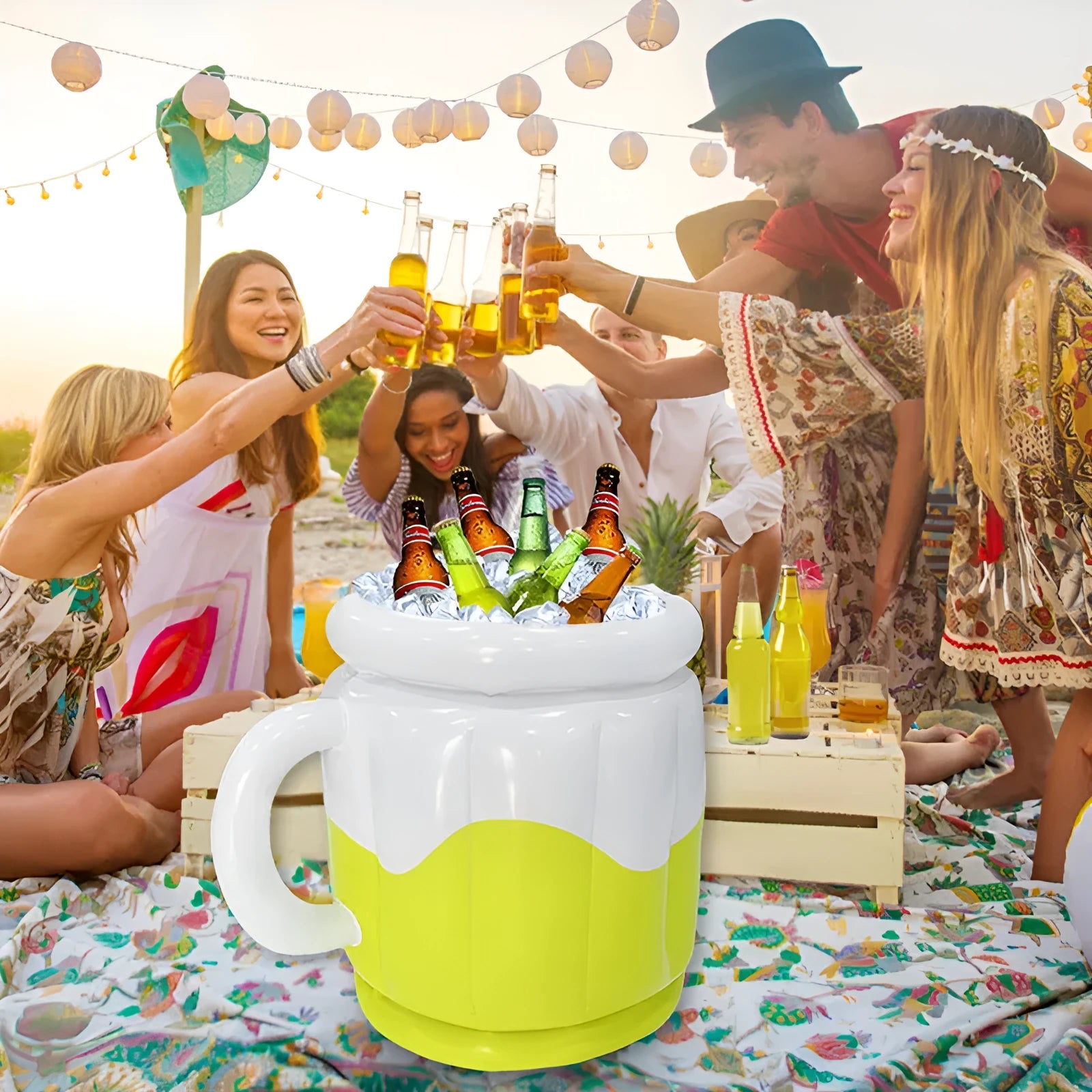 Yellow inflatable PVC ice bucket for chilling beer steins at outdoor events