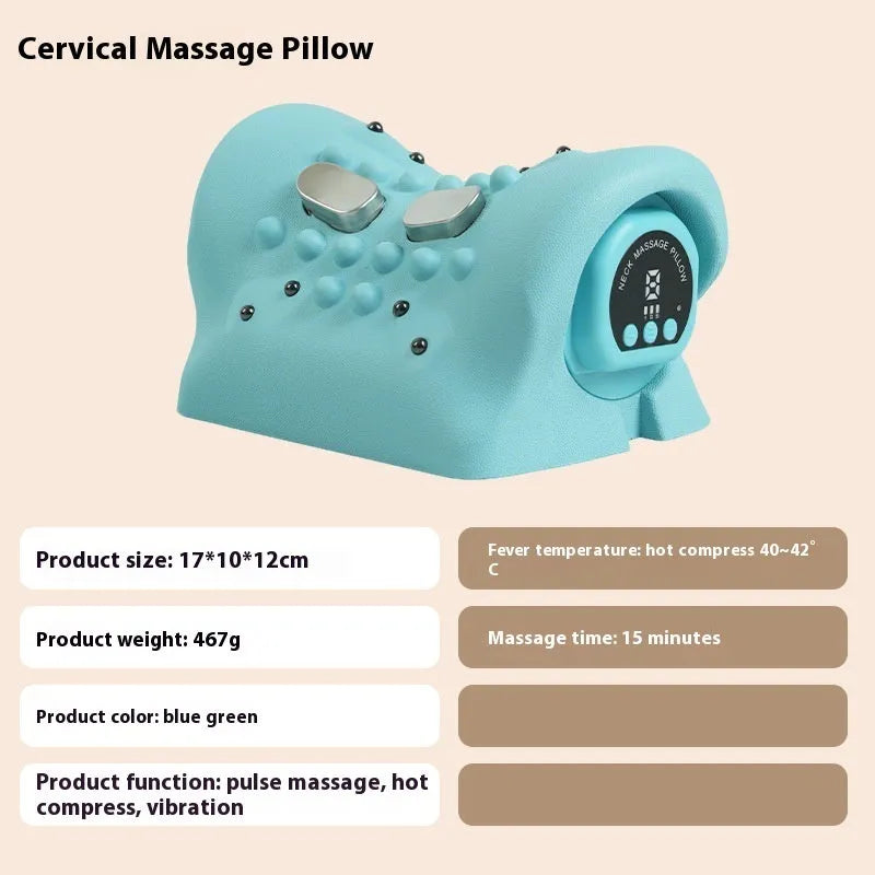Blue-green cervical spine massage pillow with EMS pulse massage, hot compress and vibration functions