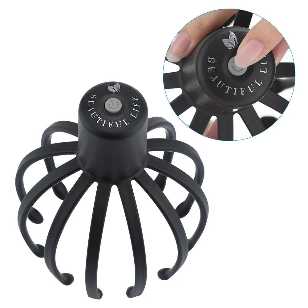 Black electric scalp massager with TPE 3D massage arms and USB charging cable